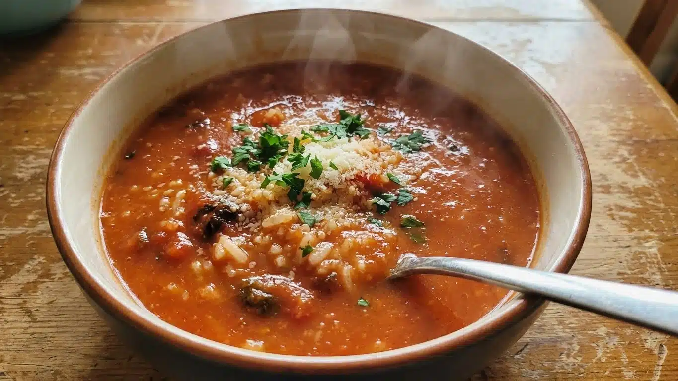 Tomato Rice Soup with herbs and bread
