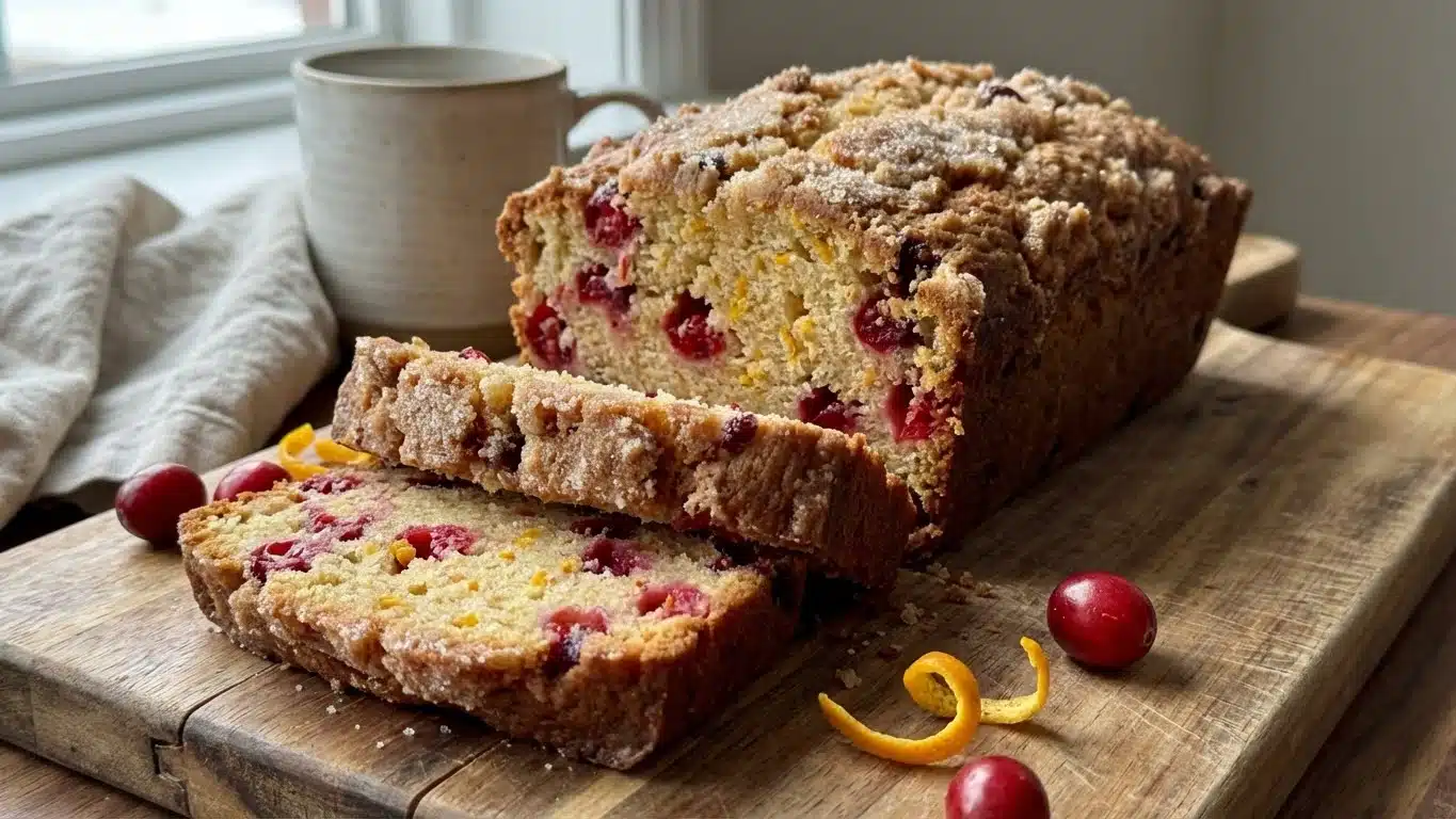 Traditional Christmas Cranberry Bread sliced with orange zest