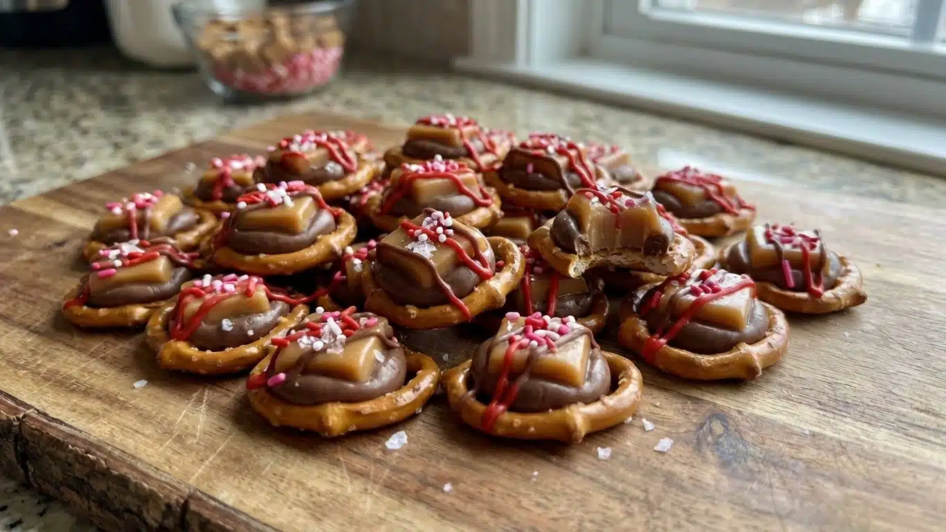 Valentine’s Day Caramel Pretzel Bites with sprinkles