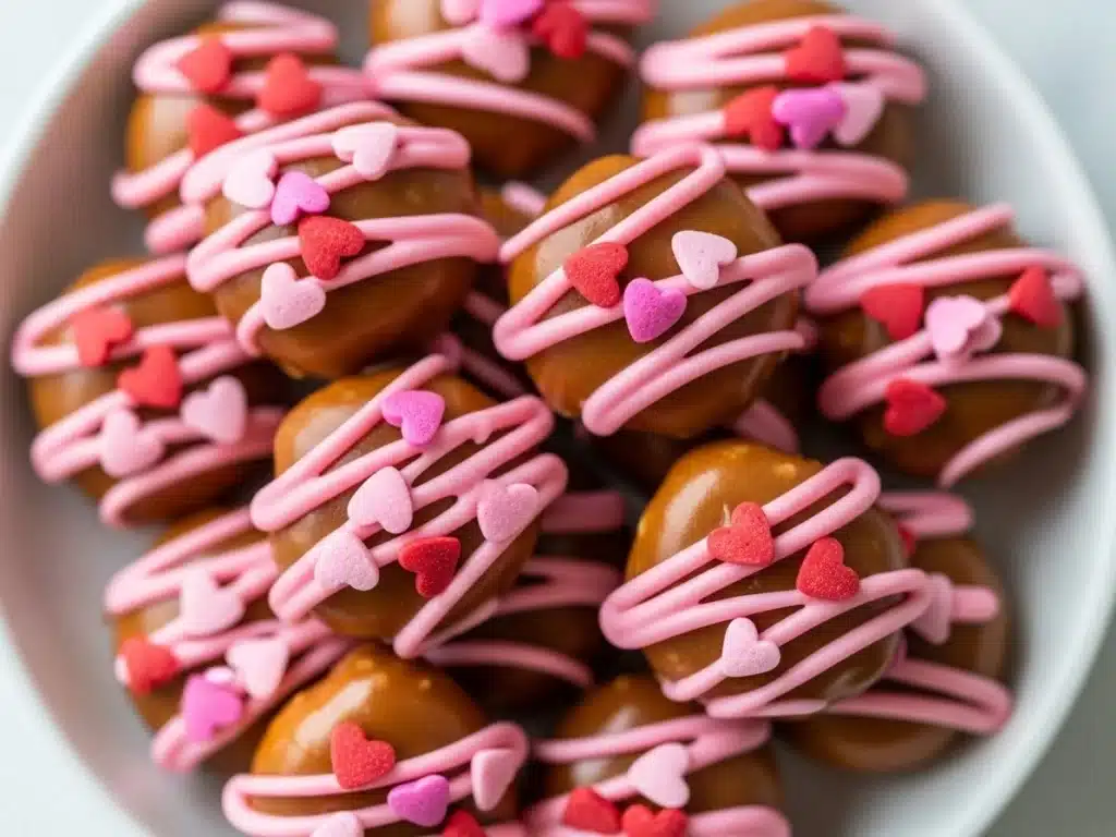 Valentine’s Day Caramel Pretzel Bites ready to serve