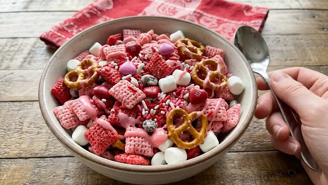 Valentine’s Sweetheart Snack Mix on parchment