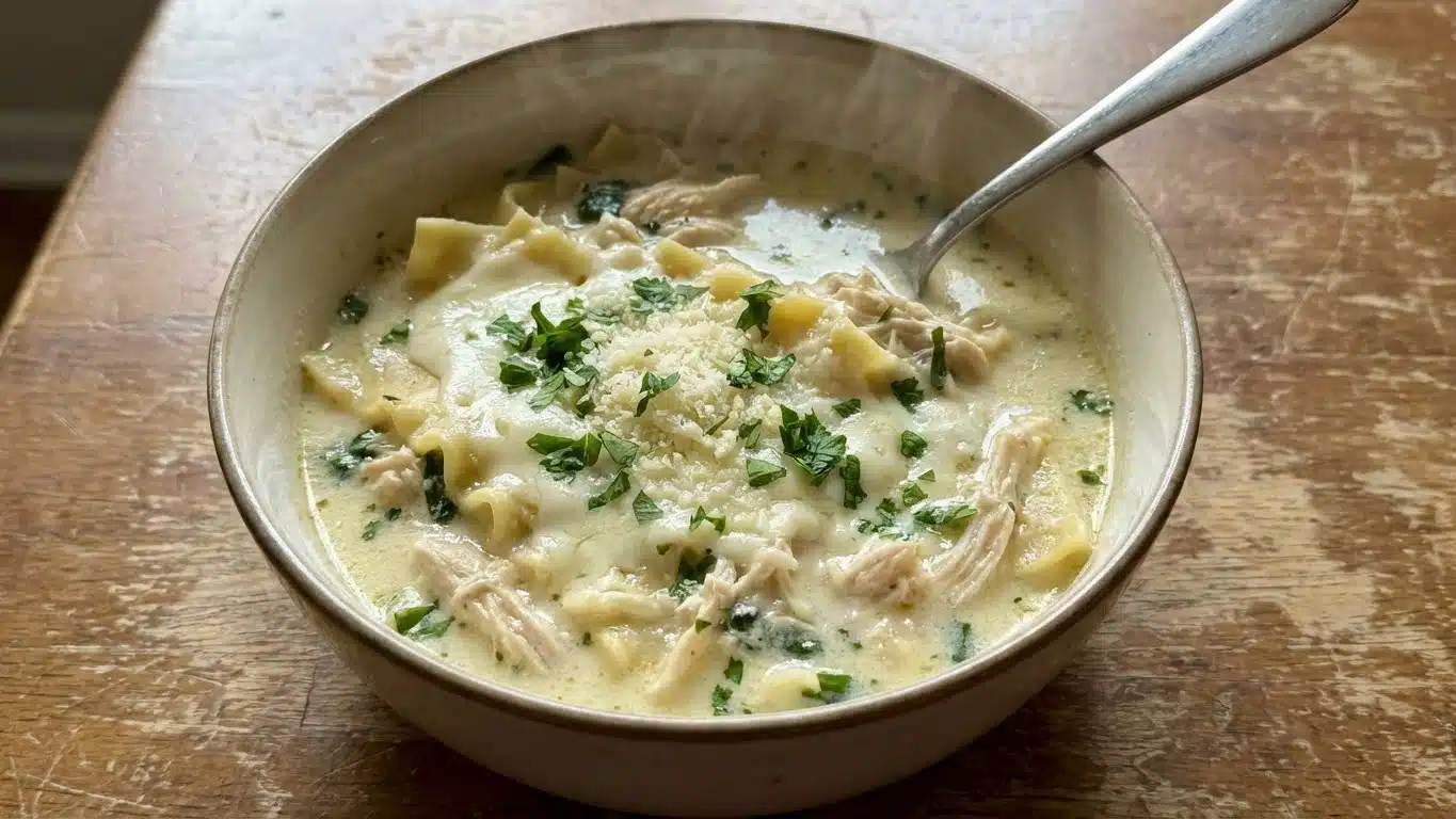 White Lasagna Soup with chicken and noodles