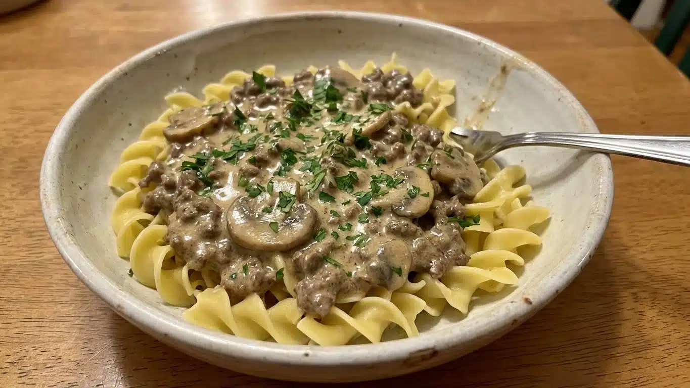 Quick Beef Stroganoff with noodles and mushrooms
