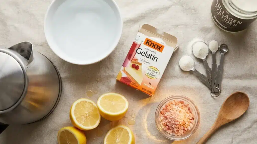 Jello Diet Recipe Inspired by Dr. Ashton's Expertise: Science-Backed Appetite Control for Real Results 3 All ingredients for Dr. Ashton-inspired jello recipe including gelatin, water, lemon, and protein sources