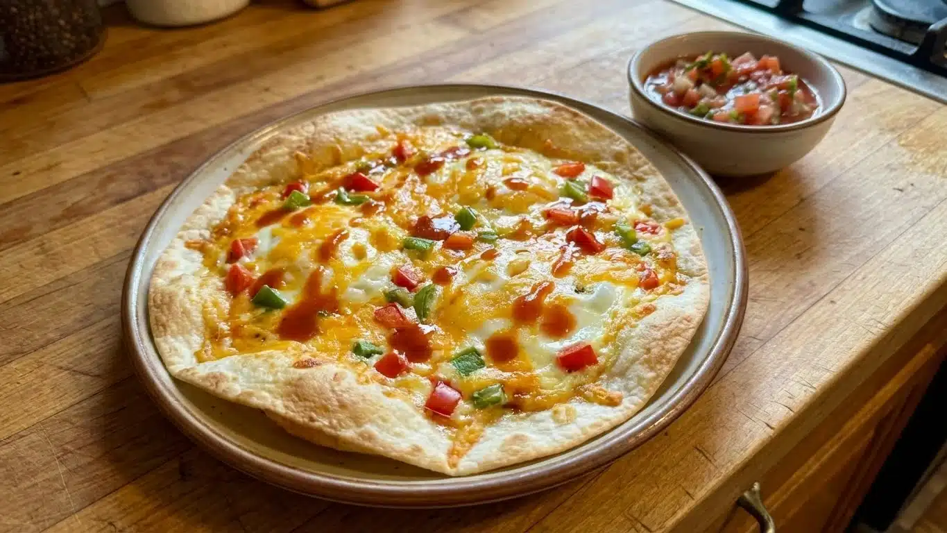 Baked Egg Tortilla with crispy edges and melted cheese