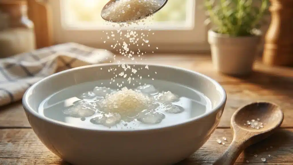 Sprinkling unflavored gelatin powder over cold water for the blooming step