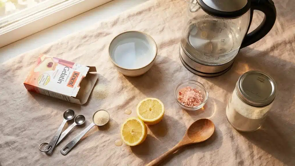 All ingredients for homemade bariatric jello recipe including gelatin, water, lemon, and salt