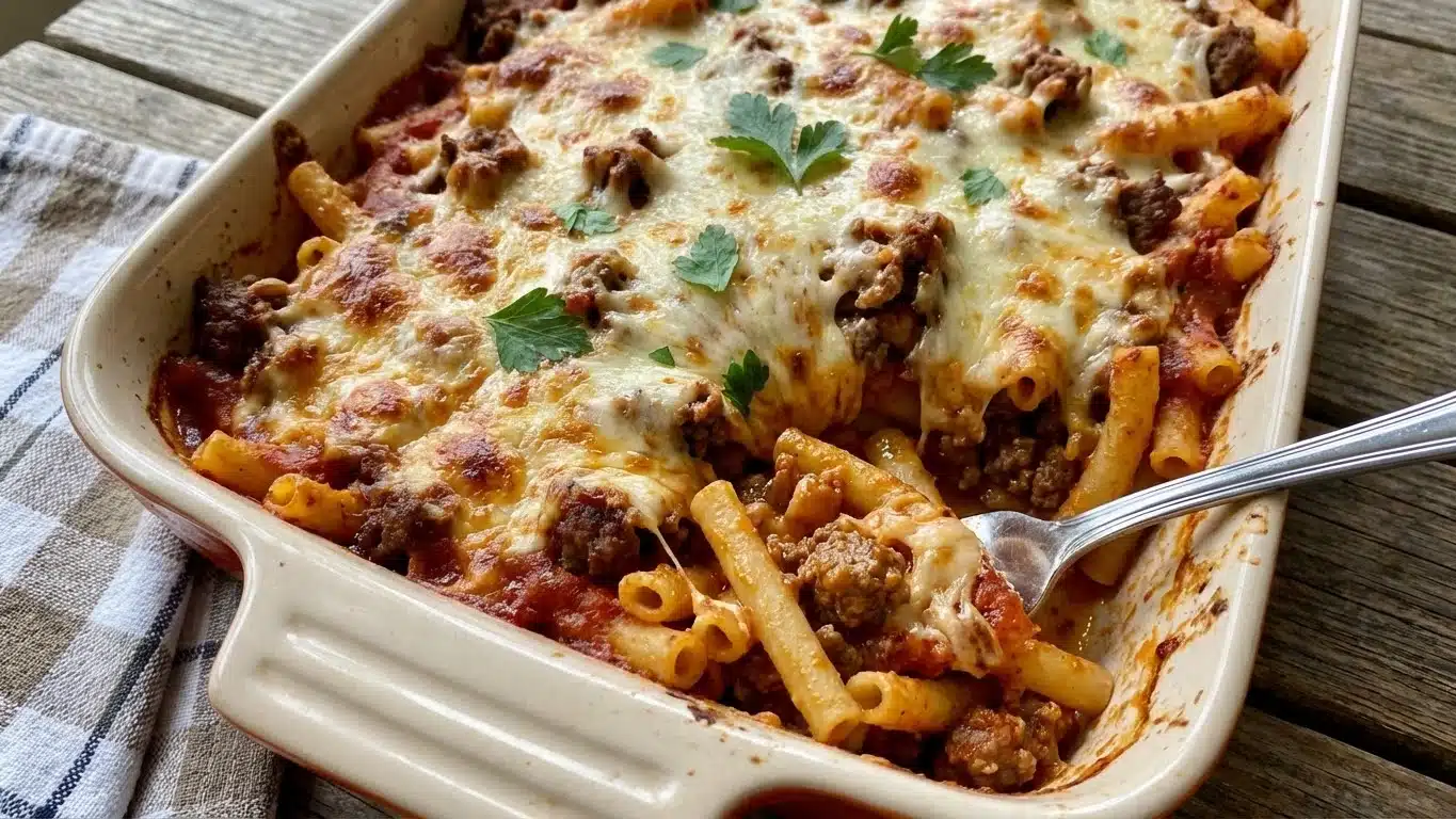 Beefy Baked Ziti: Hearty, Cheesy & Family-Approved 2 Beefy Baked Ziti fresh from the oven