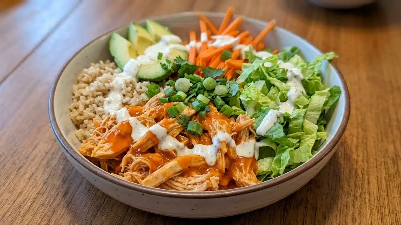 Buffalo Chicken Bowls with rice and ranch drizzle