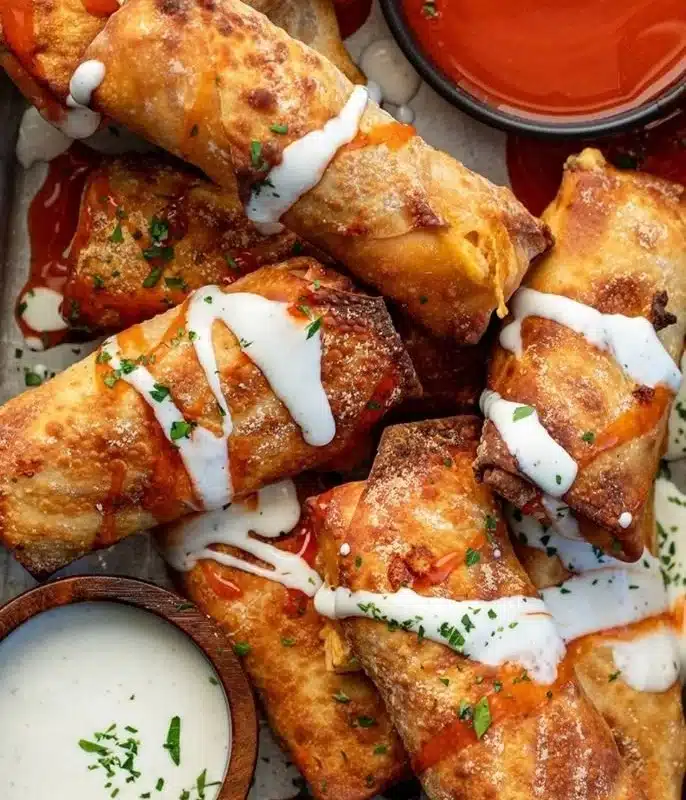 Buffalo Chicken Egg Rolls 2 Crispy Buffalo Chicken Egg Rolls served on a plate with dipping sauce