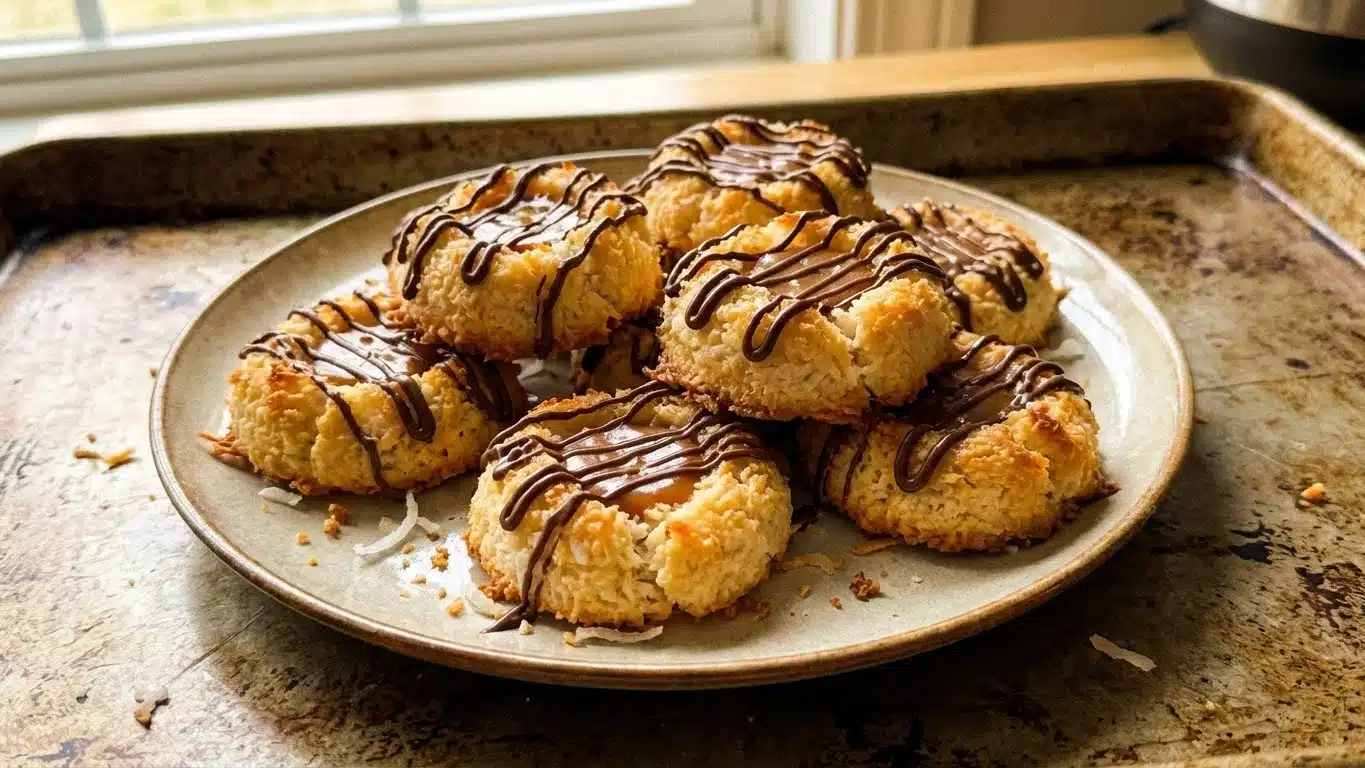 Caramel Coconut Macaroon Thumbprints with caramel centers