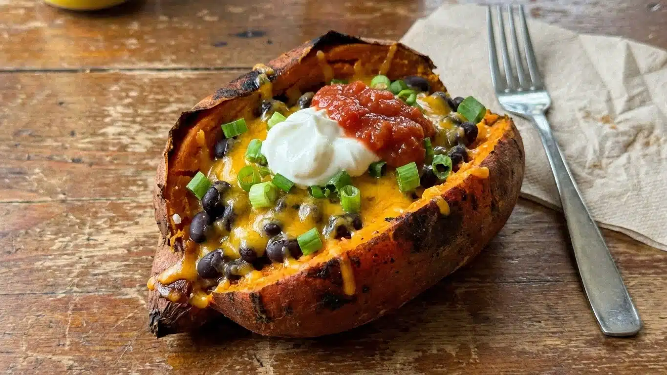 Cheesy Black Bean Stuffed Sweet Potatoes: Hearty, Flavorful & Easy 2 Cheesy Black Bean Stuffed Sweet Potatoes