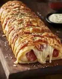 Cheesy Pepperoni Stromboli with melted cheese and pepperoni filling