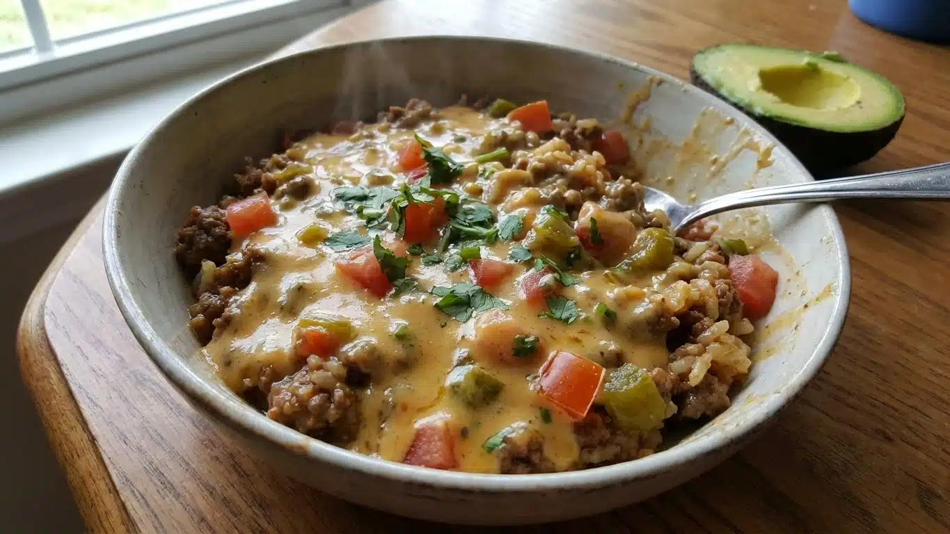 Cheesy Queso Ground Beef and Rice skillet