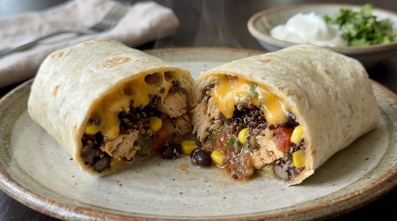 Cheesy Quinoa Chicken Burrito filled with chicken and cheese