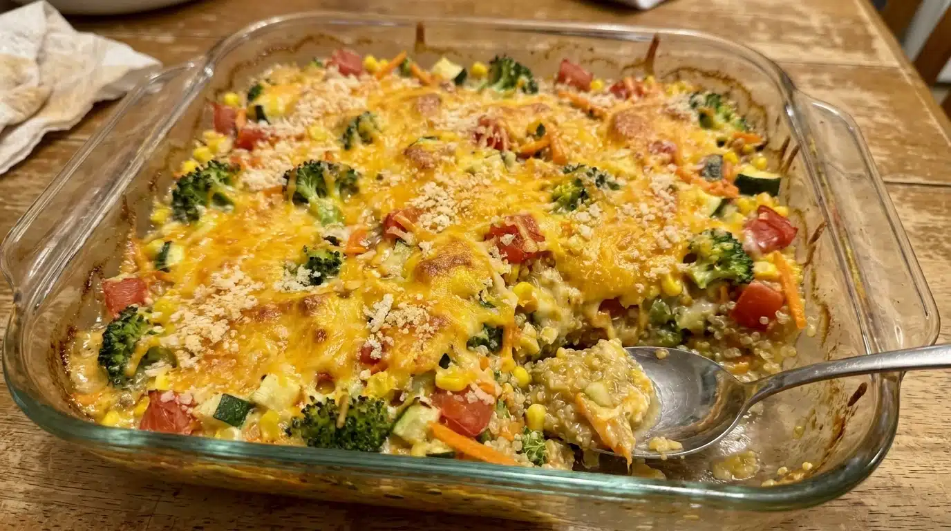 Cheesy Veggie Quinoa Casserole baked golden