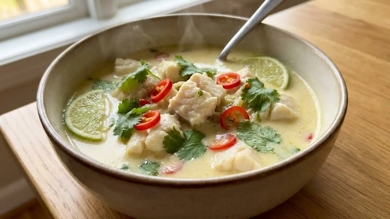 Coconut Lime Fish Soup with cilantro and lime