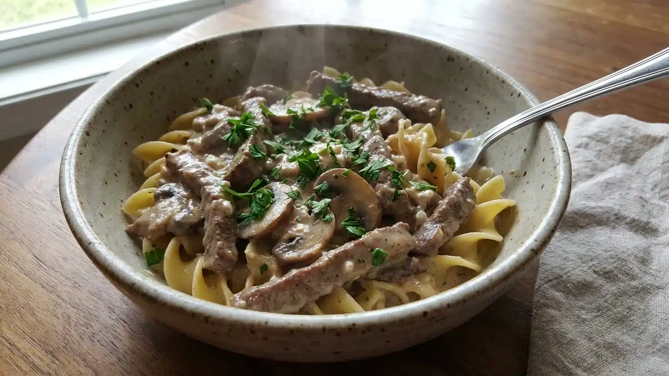 Cottage Cheese Beef Stroganoff: Creamy, Protein-Packed & Comforting 2 Cottage Cheese Beef Stroganoff with mushrooms and noodles