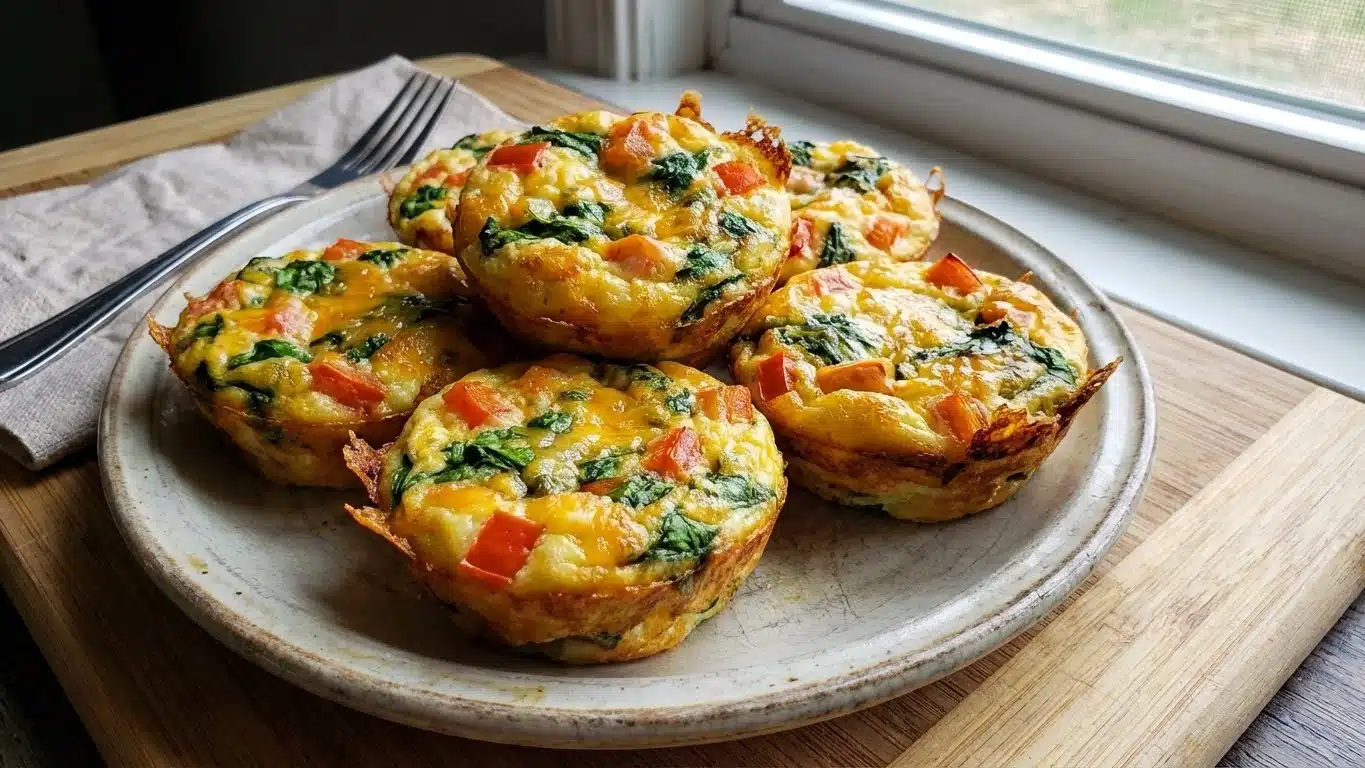 Cottage Cheese Egg Bites: Creamy, Fluffy & Packed with Protein 2 Cottage Cheese Egg Bites on board with spinach