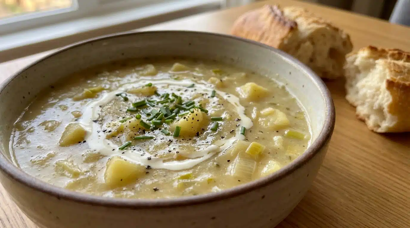 Creamy Leek and Potato Soup in bowl with garnish
