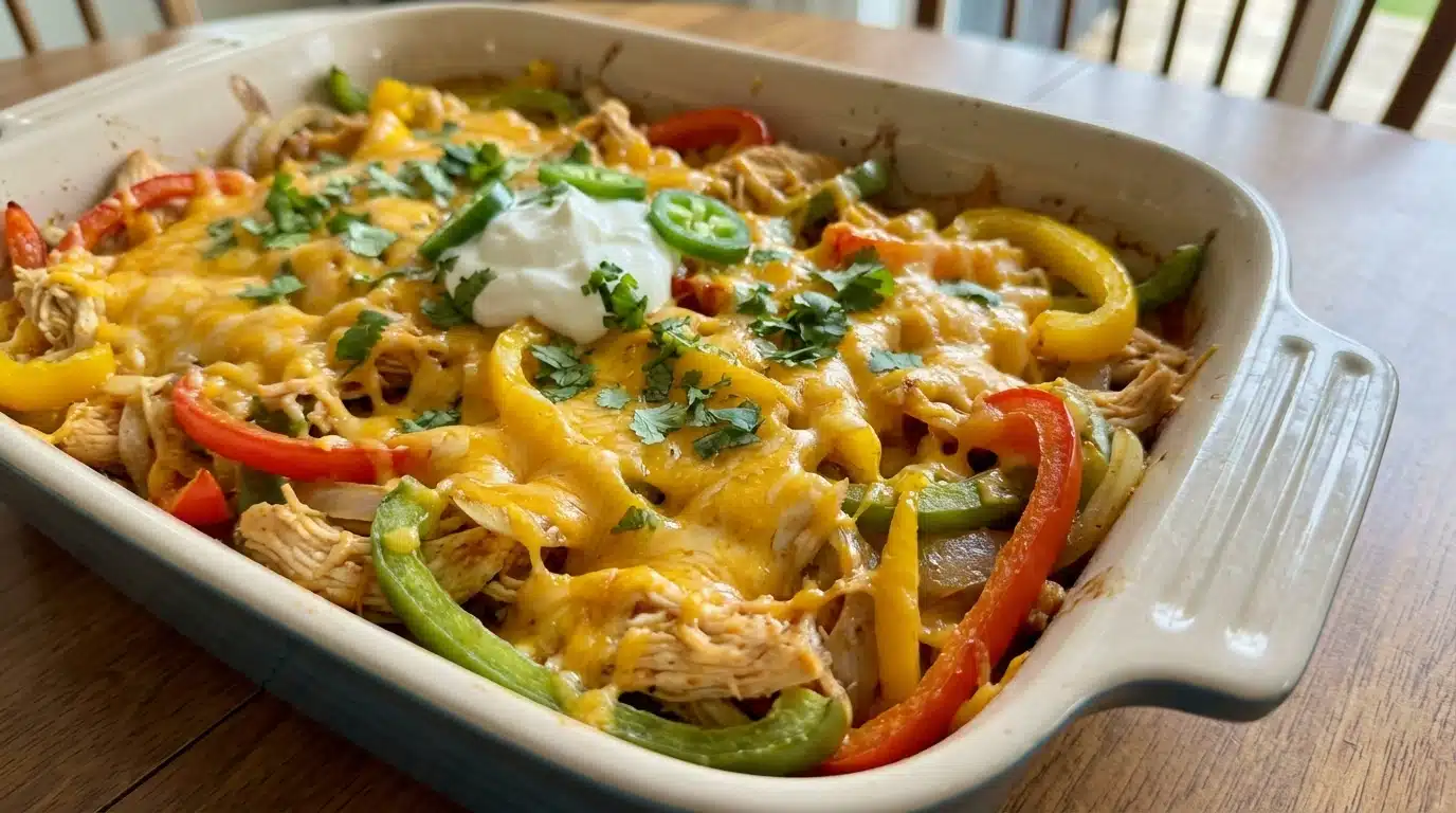 Fajita Chicken Casserole: Zesty, Creamy & Easy One-Pan Dinner 2 Fajita Chicken Casserole in baking dish with melted cheese