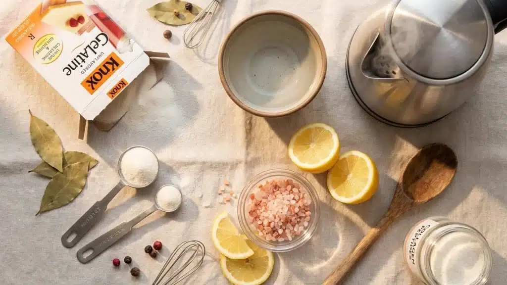 Bariatric Gelatin Recipe for Weight Loss: Simple Guide to Appetite Control 3 All ingredients needed for bariatric gelatin recipe including gelatin powder, water, lemon, and salt