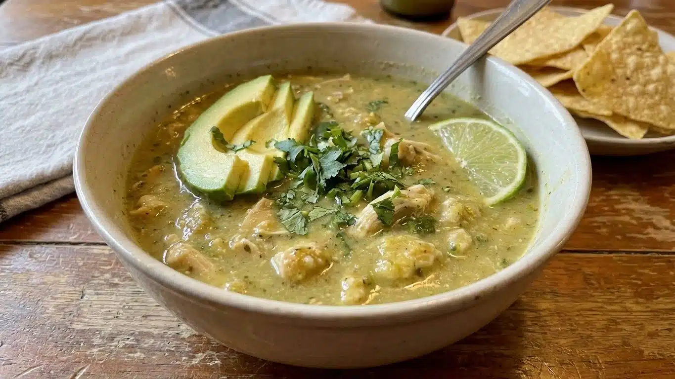 Green Enchilada Chicken Soup: Creamy, Tangy & Full of Flavor 2 Green Enchilada Chicken Soup with cheese and cilantro