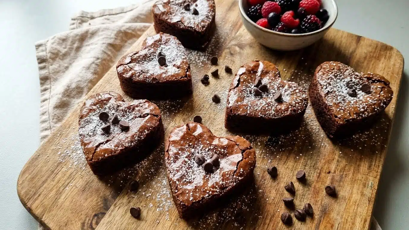 Heart-Shaped Brownies dusted with powdered sugar