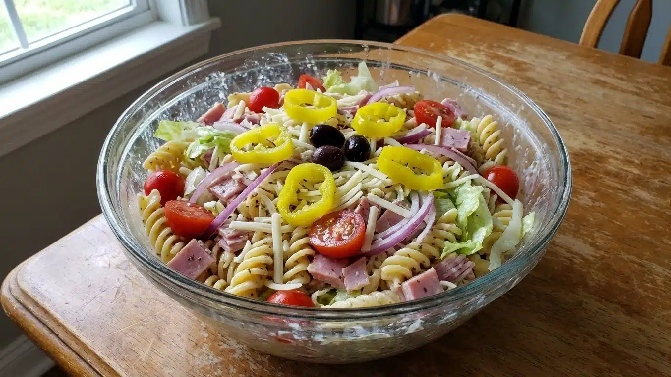 Italian Grinder Pasta Salad: Creamy, Tangy & Bursting with Flavor 2 Italian Grinder Pasta Salad with meats and cheese