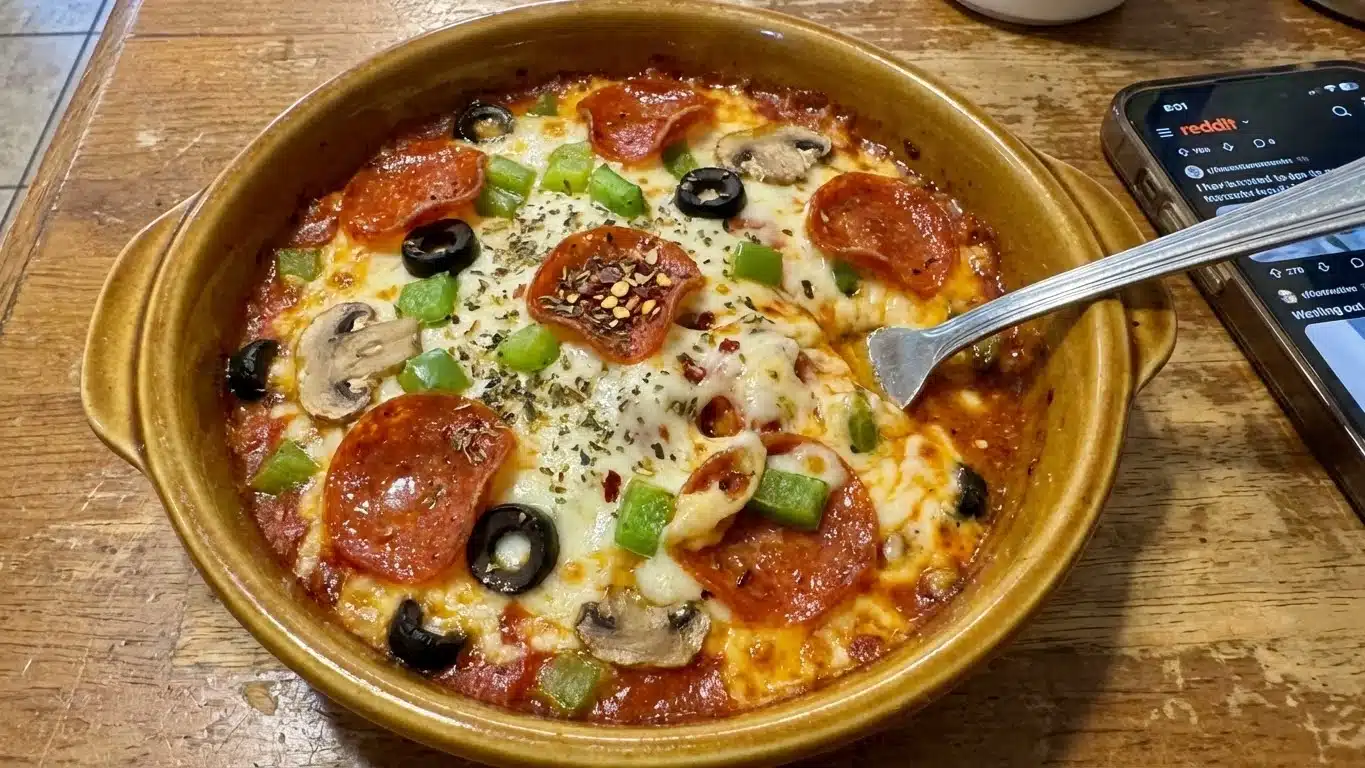 Low Carb Crustless Pizza Bowl with melted cheese and pepperoni