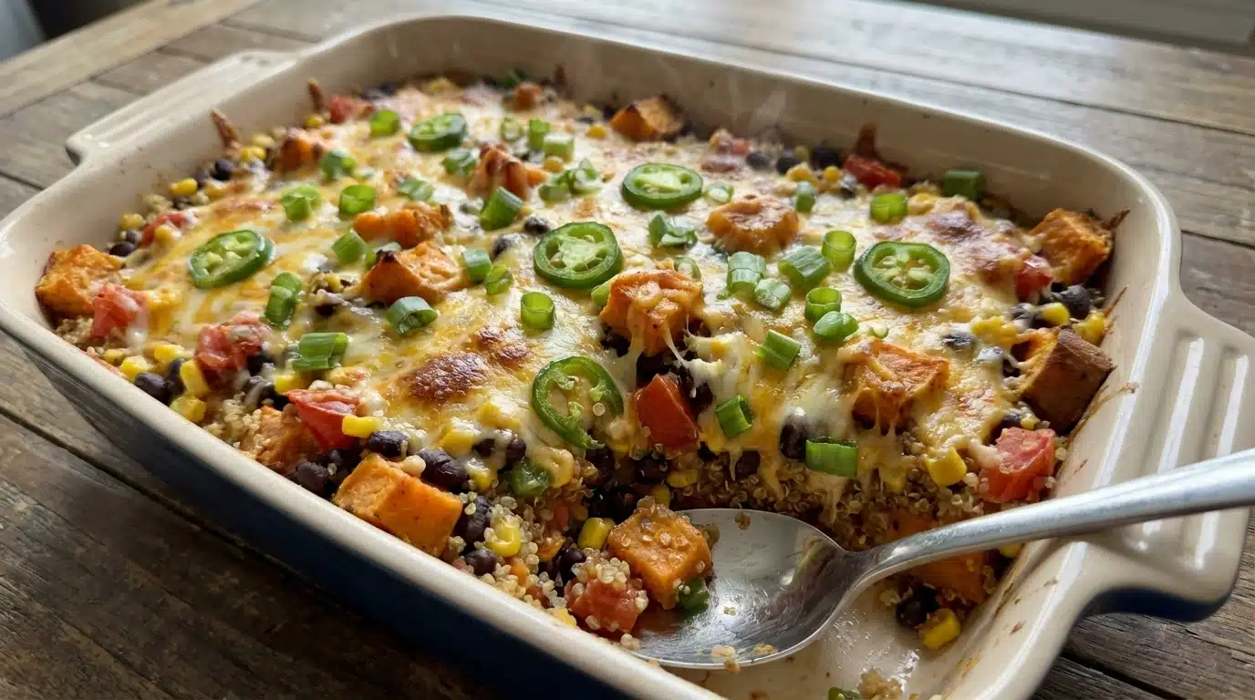 Filling Mexican Sweet Potato Quinoa Casserole baked golden