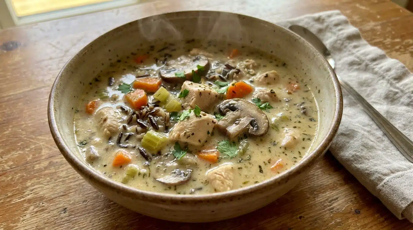 Mushroom Chicken and Wild Rice Soup in bowl