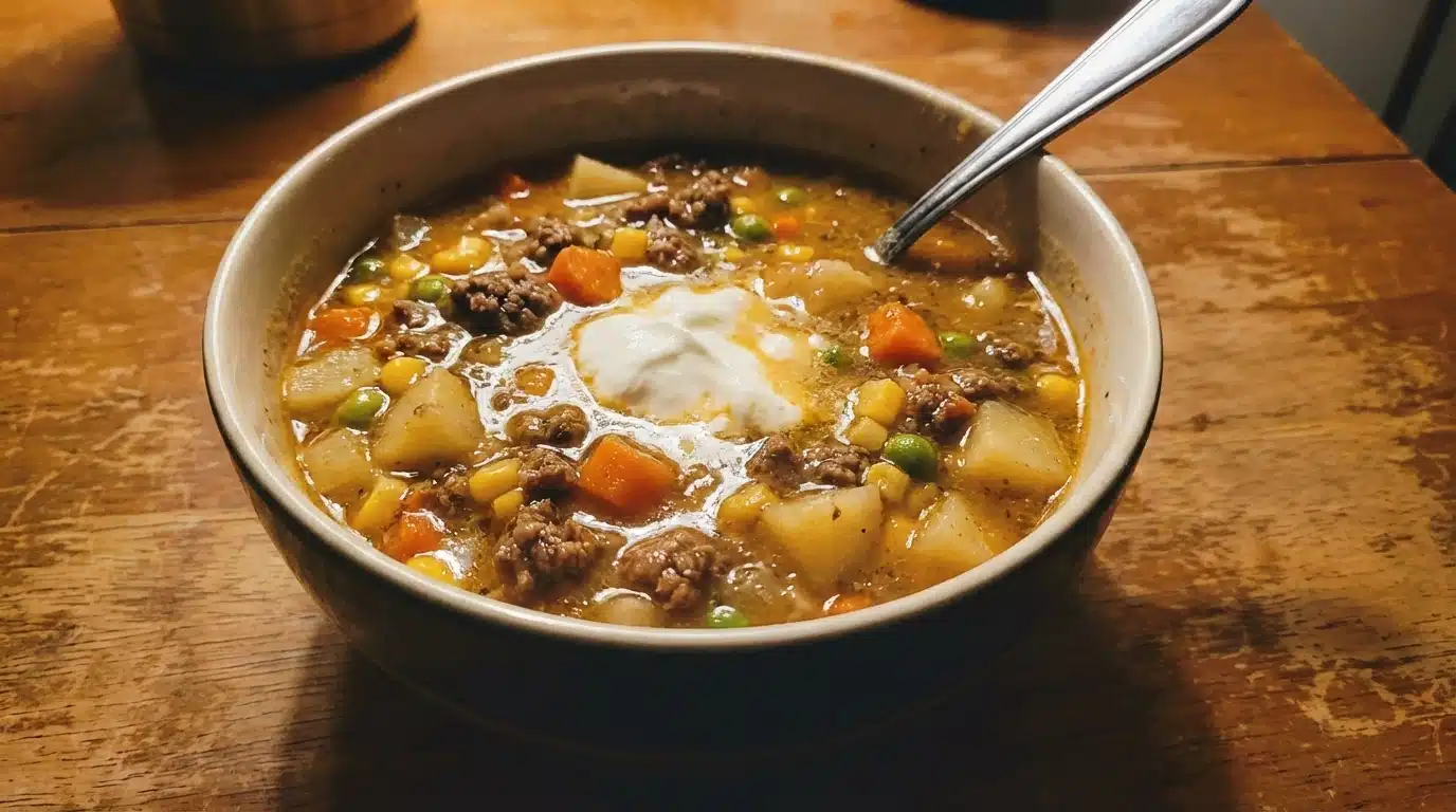 Protein Packed Shepherd’s Pie Soup in bowl with cheese