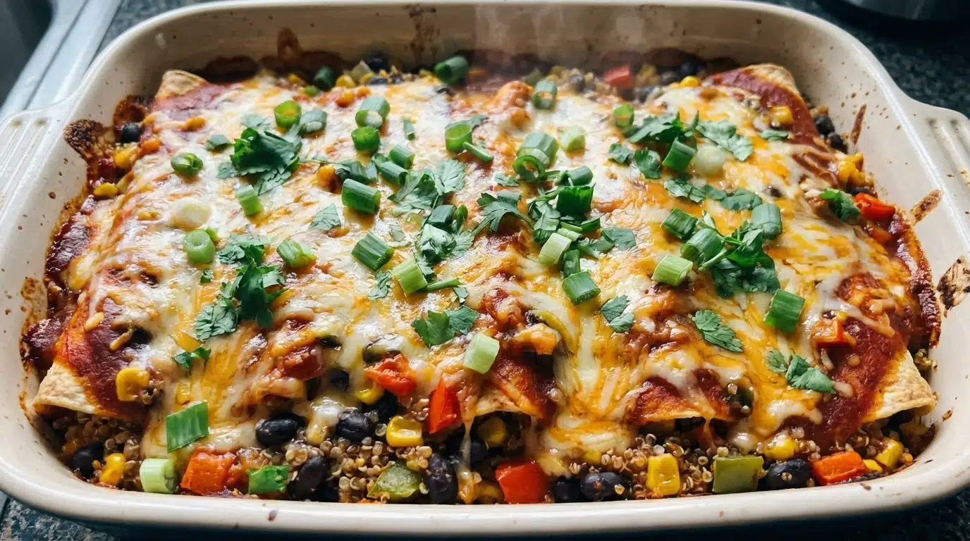 Quinoa Enchilada Casserole: Cheesy, Spicy & Comforting 2 Quinoa Enchilada Casserole baked golden