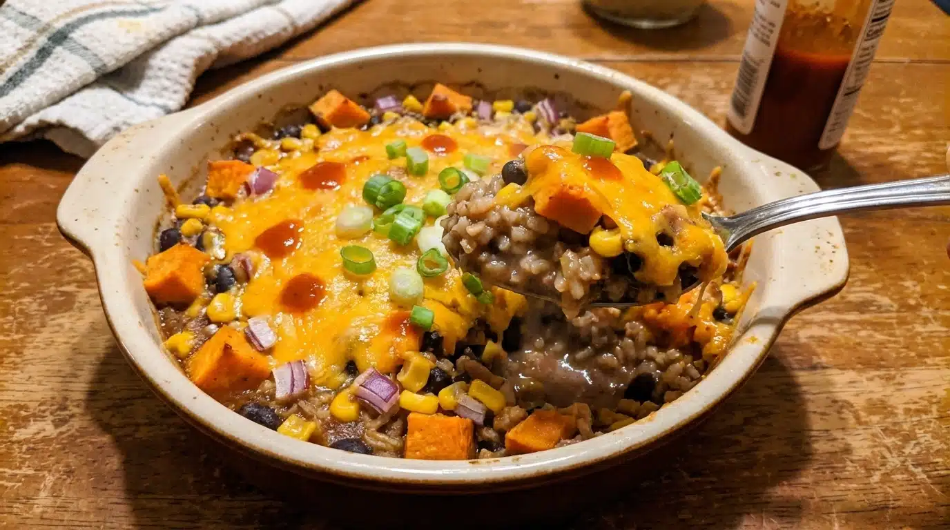 Rice and Bean Casserole with Sweet Potatoes: Hearty, Wholesome & Delicious 2 Rice and Bean Casserole with Sweet Potatoes baked in dish
