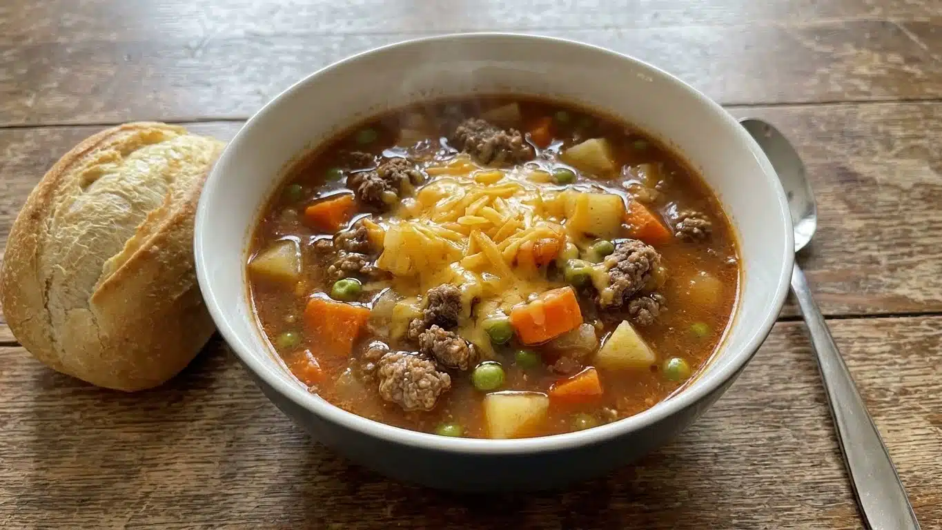 Shepherd’s Pie Soup: Cozy, Hearty & Loaded with Comfort 2 Shepherd’s Pie Soup with cheese and vegetables