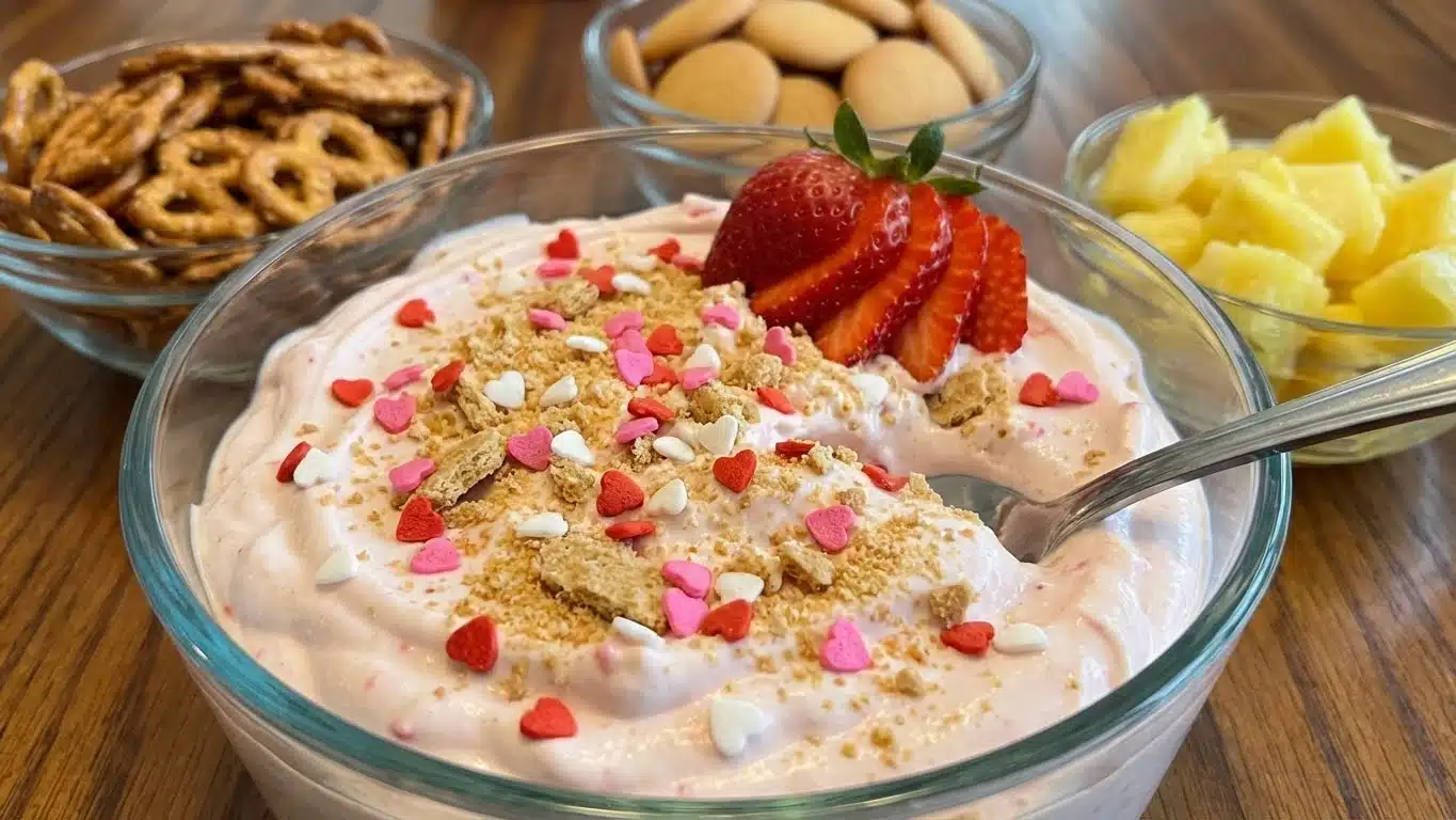 Valentine’s Day Cheesecake Dip with strawberries