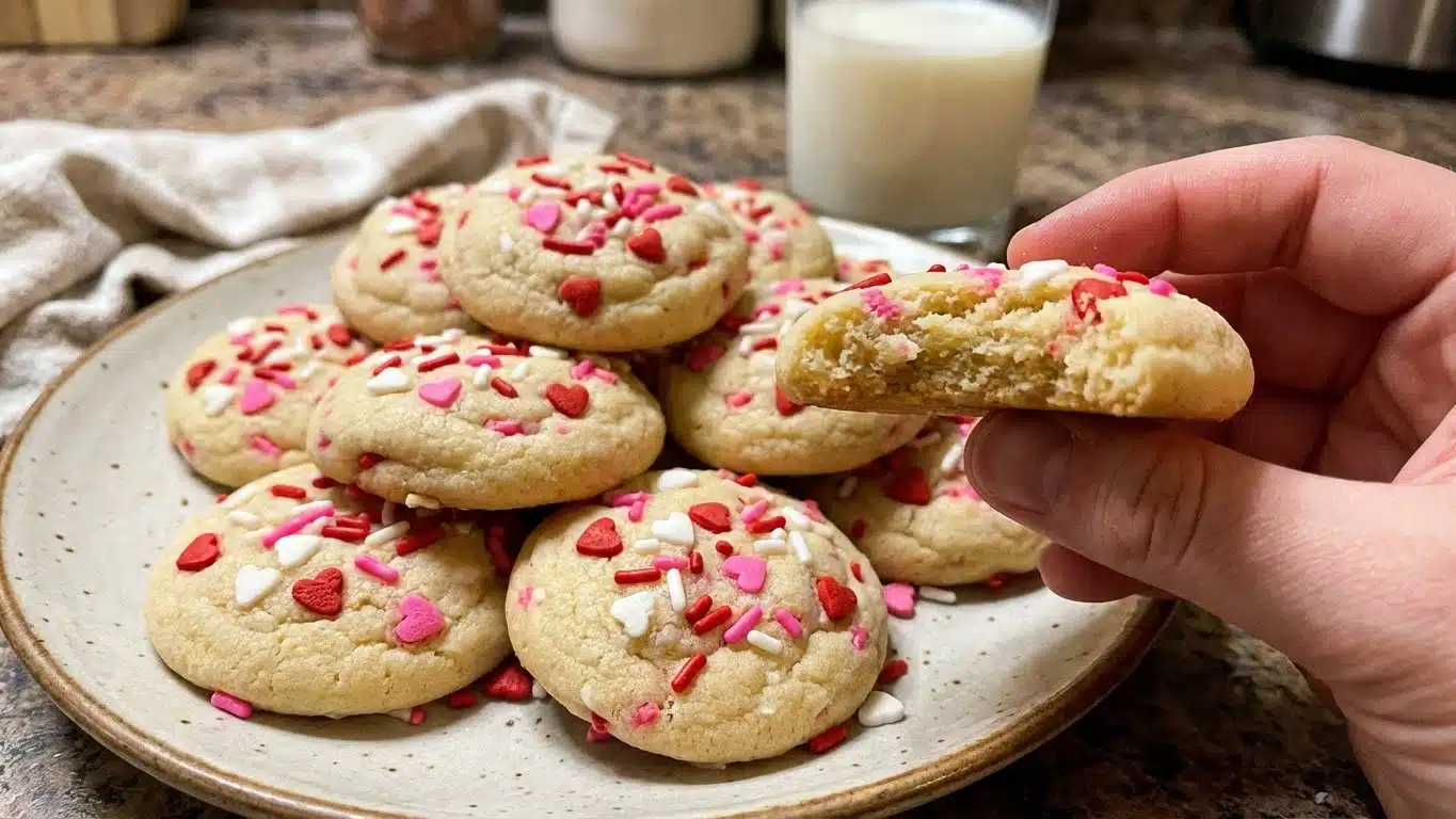 Valentine’s Day Sprinkle Bites Cookies: Buttery, Sweet & So Festive 2 Valentine’s Day Sprinkle Bites Cookies with pink and red sprinkles