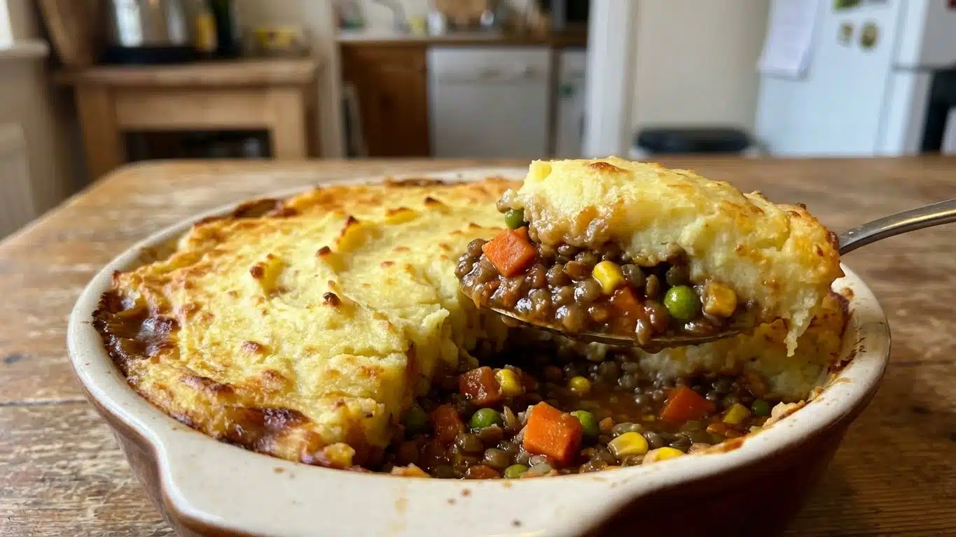 Vegan Shepherd’s Pie: Hearty, Cozy & 100% Comfort 2 Vegan Shepherd’s Pie baked in dish with golden top