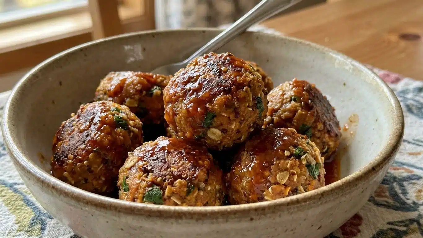 Vegan Sweet Potato Meatballs: Hearty, Flavorful & Plant-Based Perfection 2 Vegan Sweet Potato Meatballs with sauce