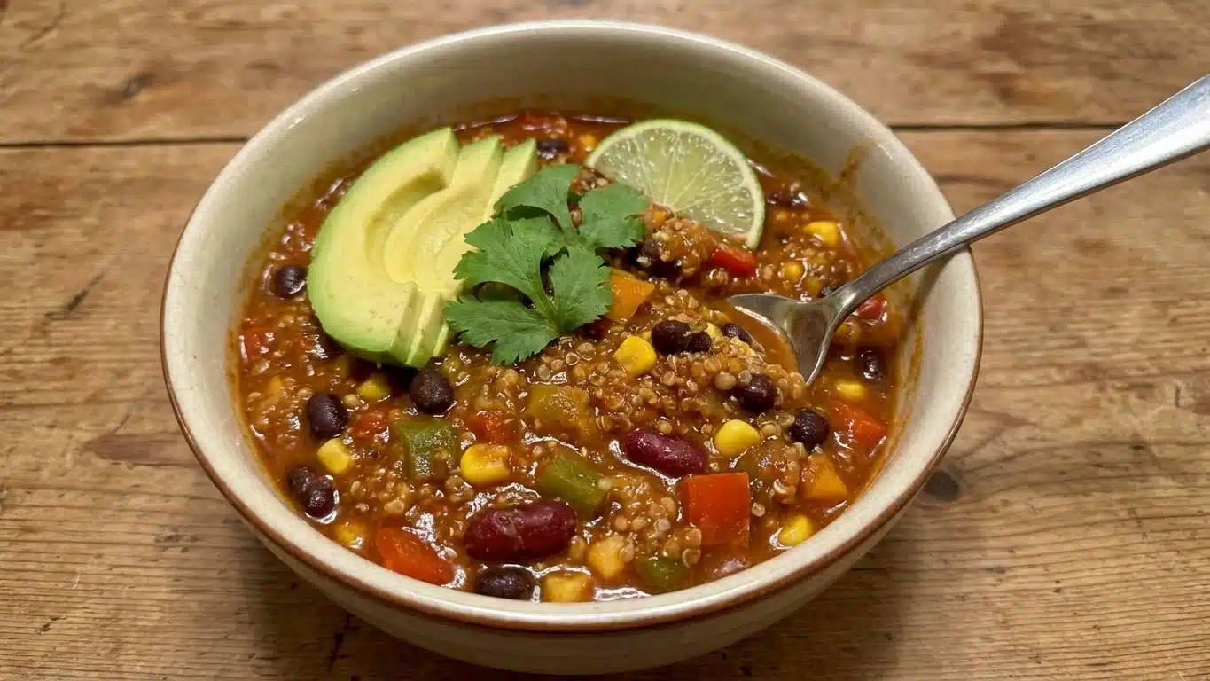 Vegetarian Quinoa Veggie Chili with toppings