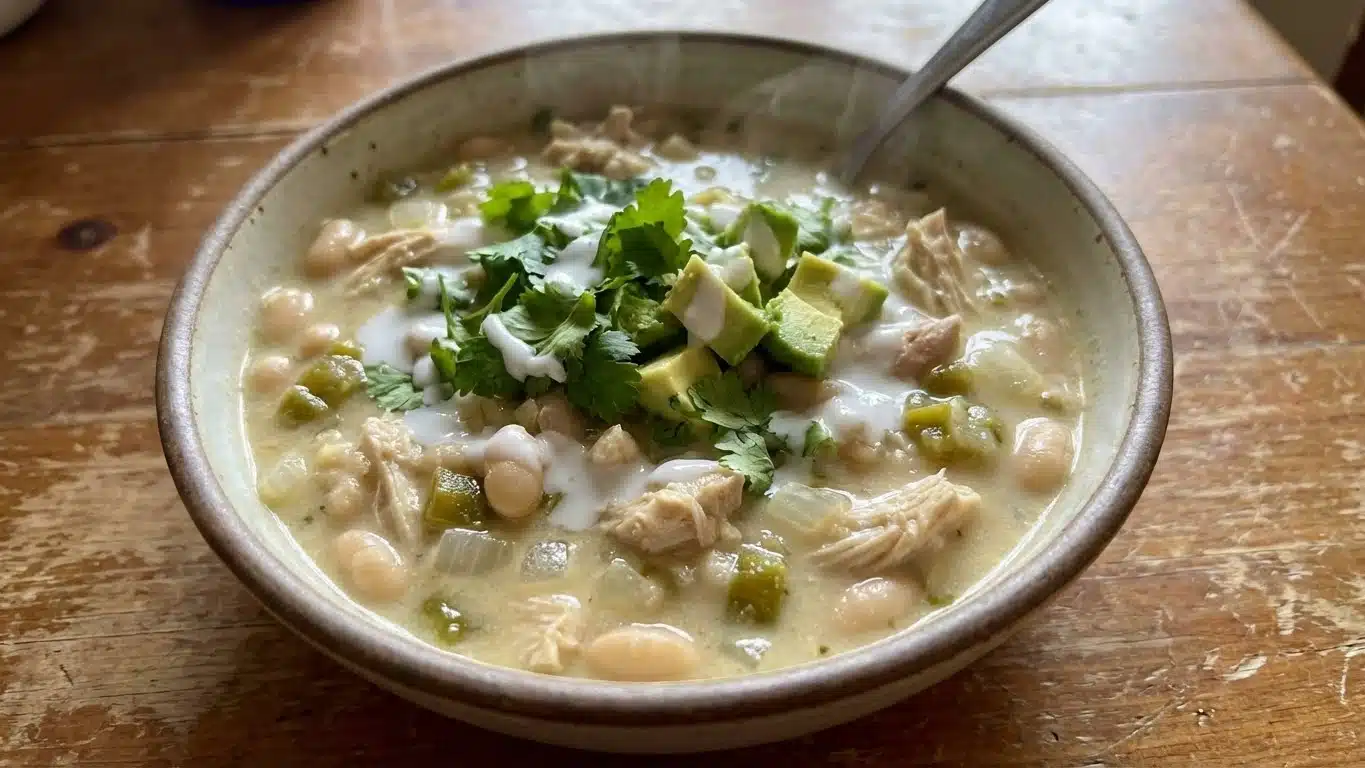 White Chicken Chili: Creamy, Comforting & Full of Flavor 2 White Chicken Chili with cheese and cilantro