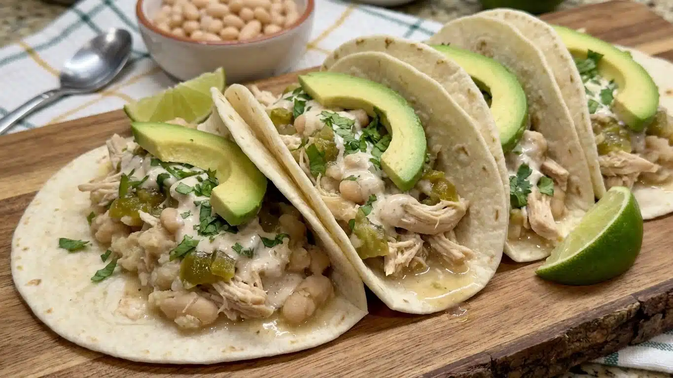 White Chicken Chili Tacos with toppings
