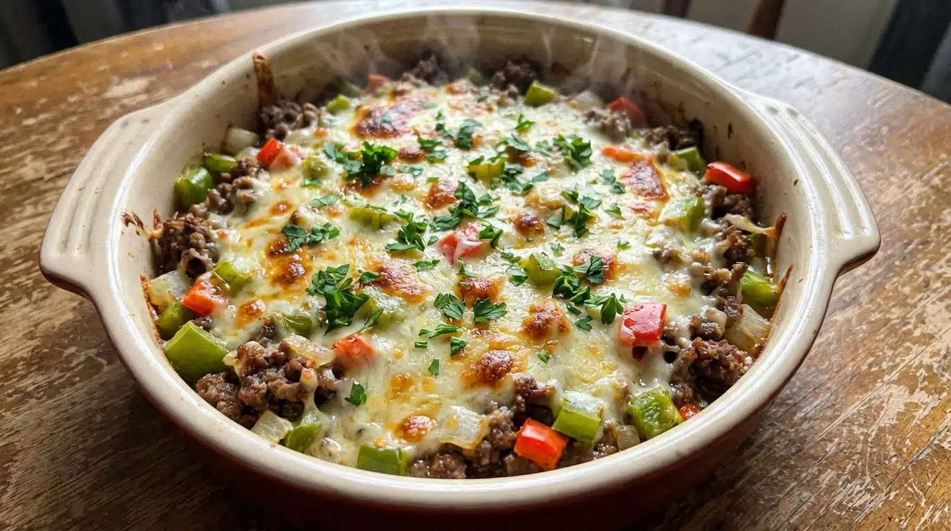 Low Carb Philly Cheesesteak Casserole with peppers and cheese on a plate