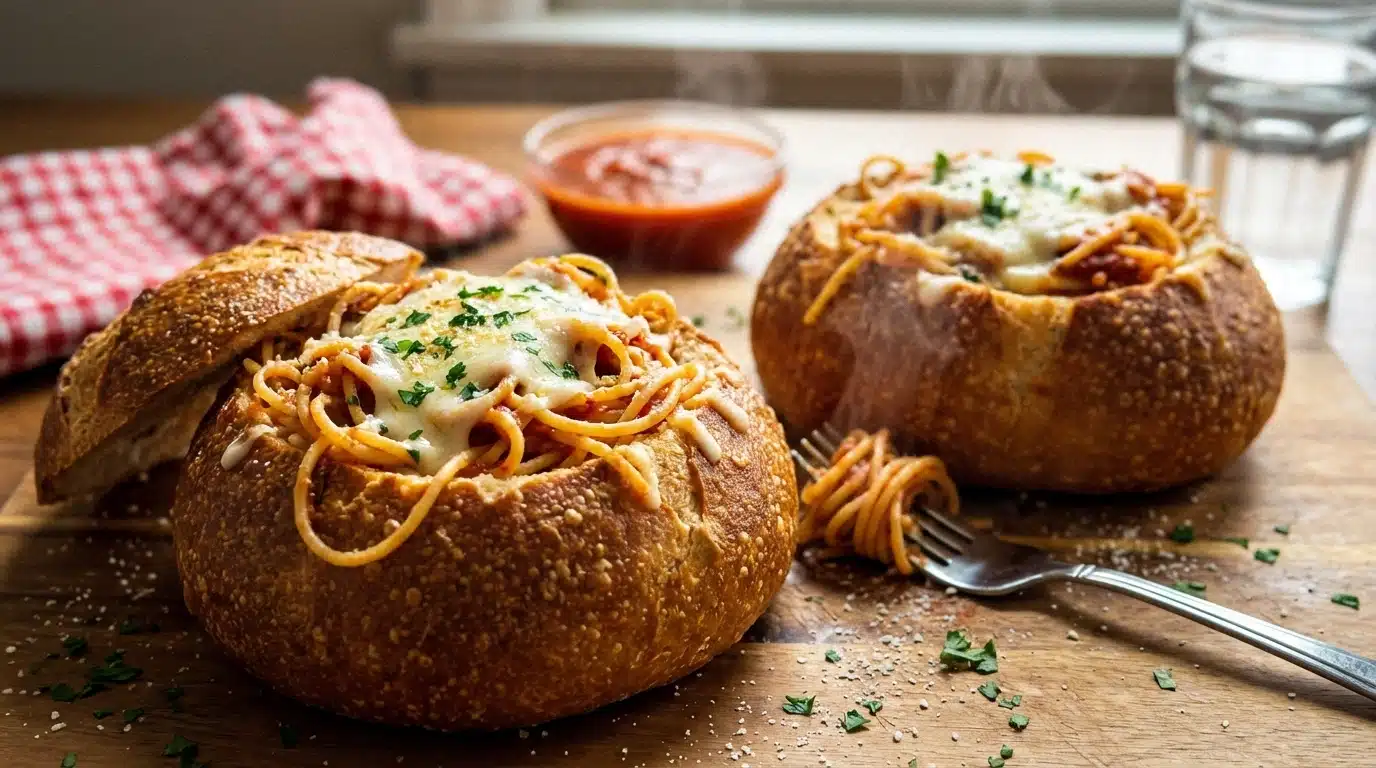 Spaghetti Garlic Bread Bowls