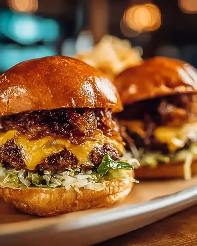 Delicious Oklahoma fried onion burger topped with crispy onions and served on a bun.