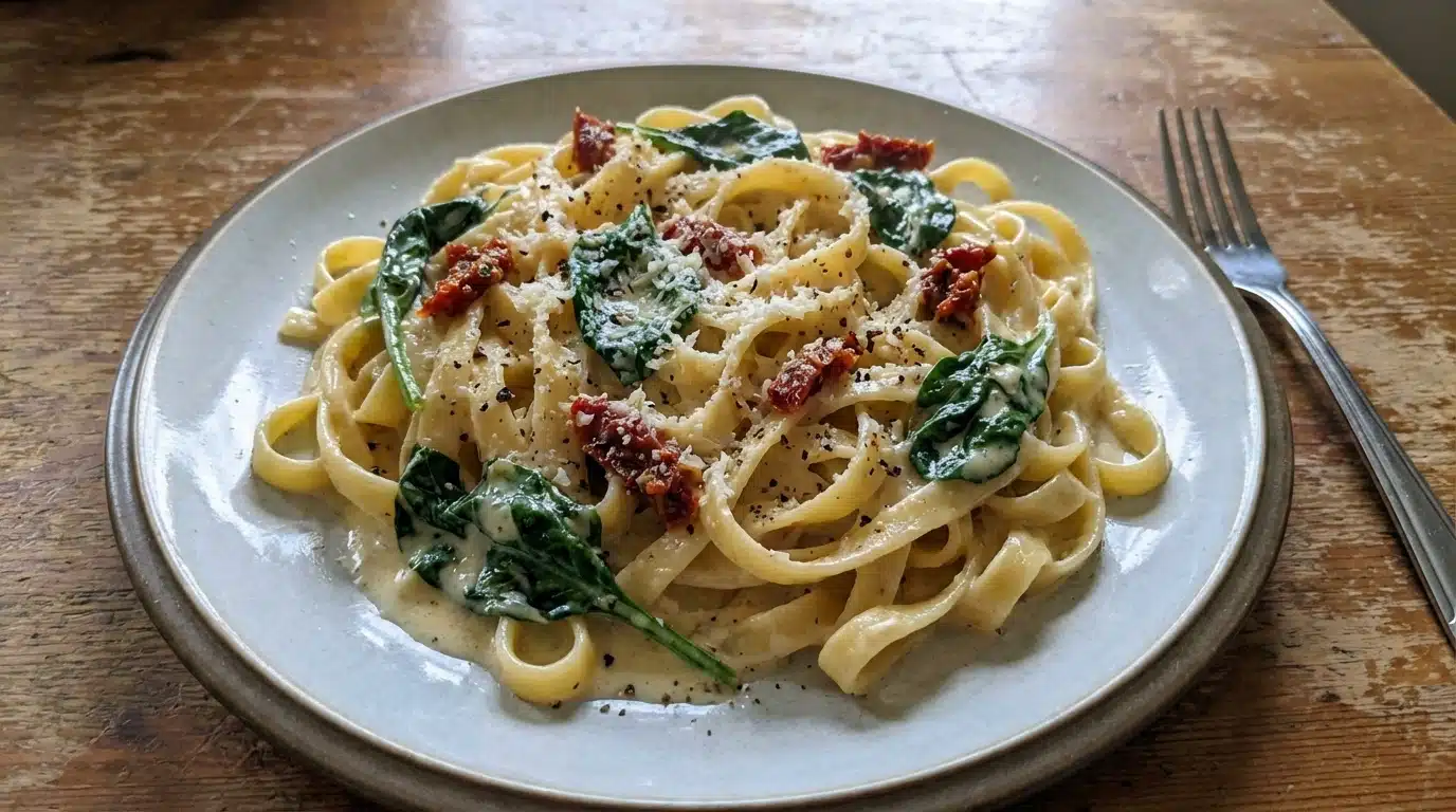 Creamy Alfredo Pasta with Sun Dried Tomatoes and Spinach
