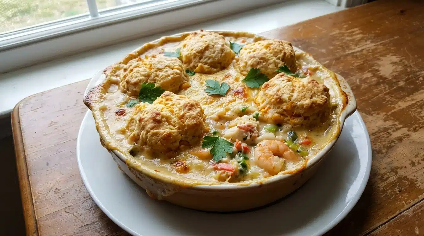 Seafood Pot Pie with Cheddar Bay Biscuits