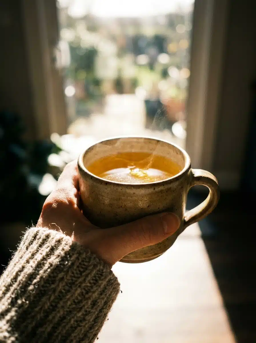 Japanese Honey Trick: The Best Fast Morning Drink 2 Holding a warm mug of the Japanese honey trick in the morning.
