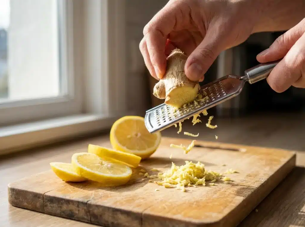 Viral Honey Trick Recipe: The Best Easy Morning Drink 5 Grating fresh ginger for the viral honey trick recipe.